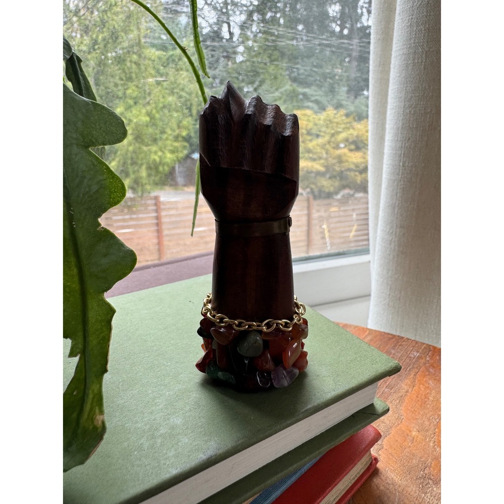 Vintage Hand Carved Wood Fist Figurine Gemstone Base Brass Detail 4 Inch
